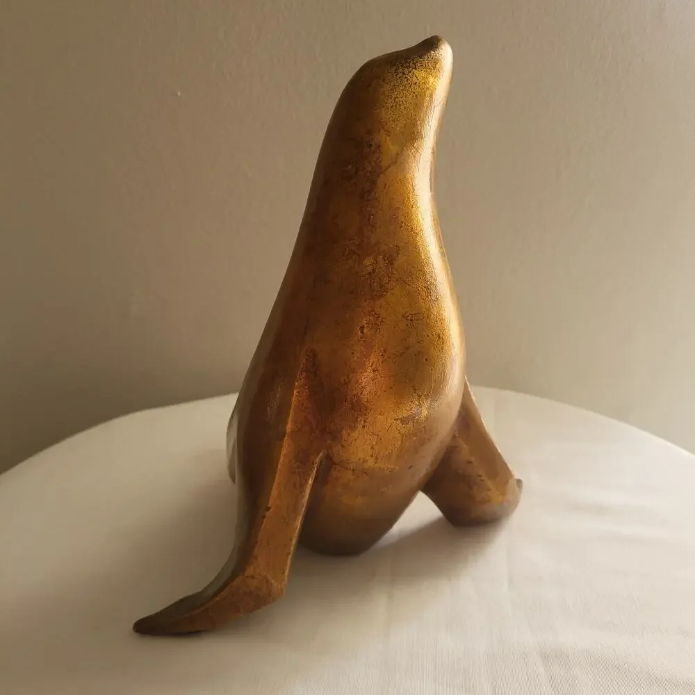 Vintage USA 951 Ceramic Pottery Seal Sea Lion Statue Sculpture Gold Glaze XLarge